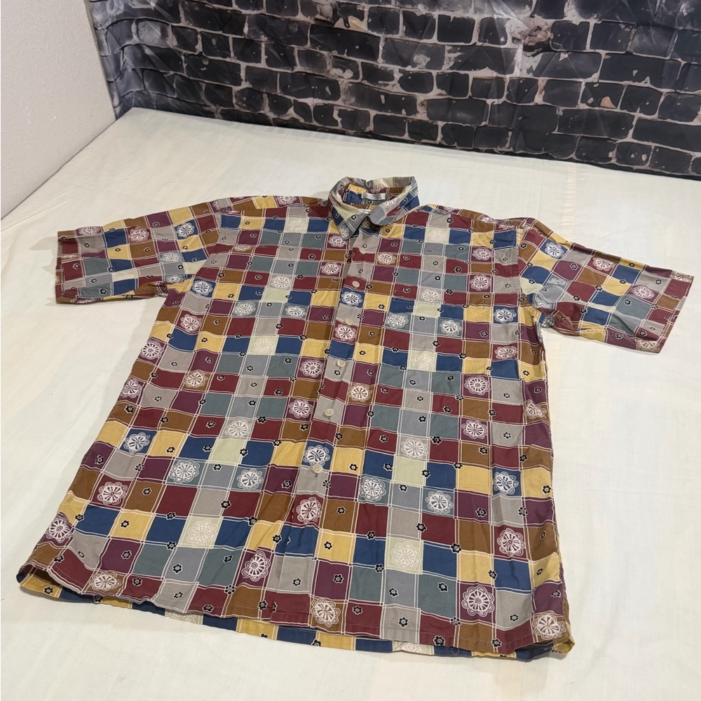 Vintage Burma Bibas Shirt Mens M Multicolor Patchwork Cotton Lawn Button Up 90s